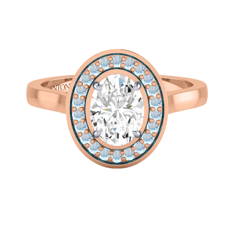 Naturally Mined Diamond Deco Oval Cut Diamond and Aquamarine 18k Rose Gold Ring