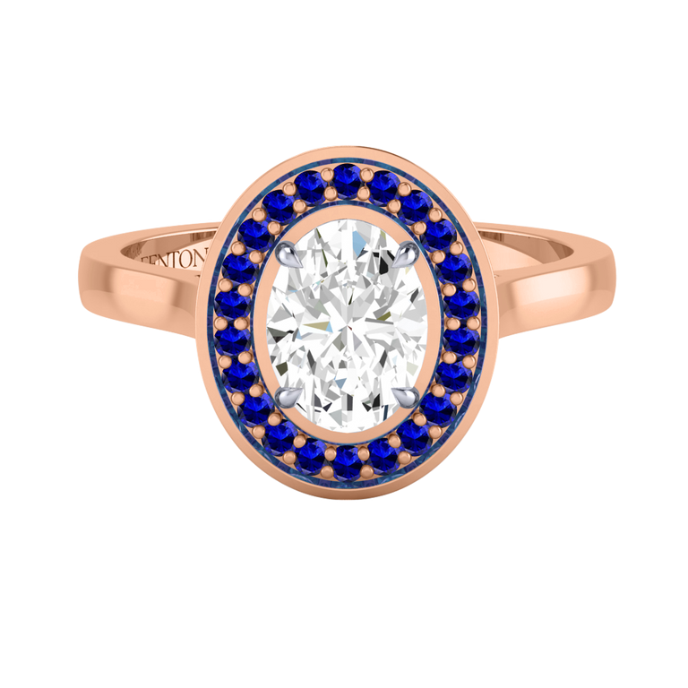 Solar Diamond Deco Oval Cut Diamond and Blue Sapphire 18k Rose Gold Ring