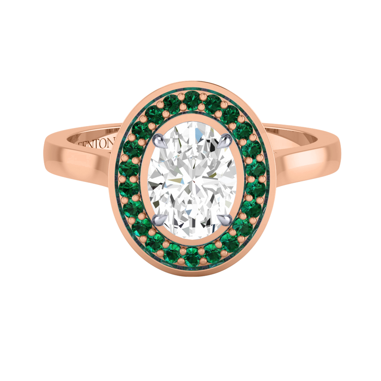 Naturally Mined Diamond Deco Oval Cut Diamond and Emerald 18k Rose Gold Ring