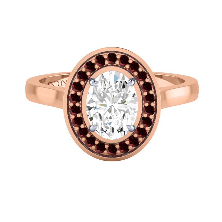 Naturally Mined Diamond Deco Oval Cut Diamond and Garnet 18k Rose Gold Ring