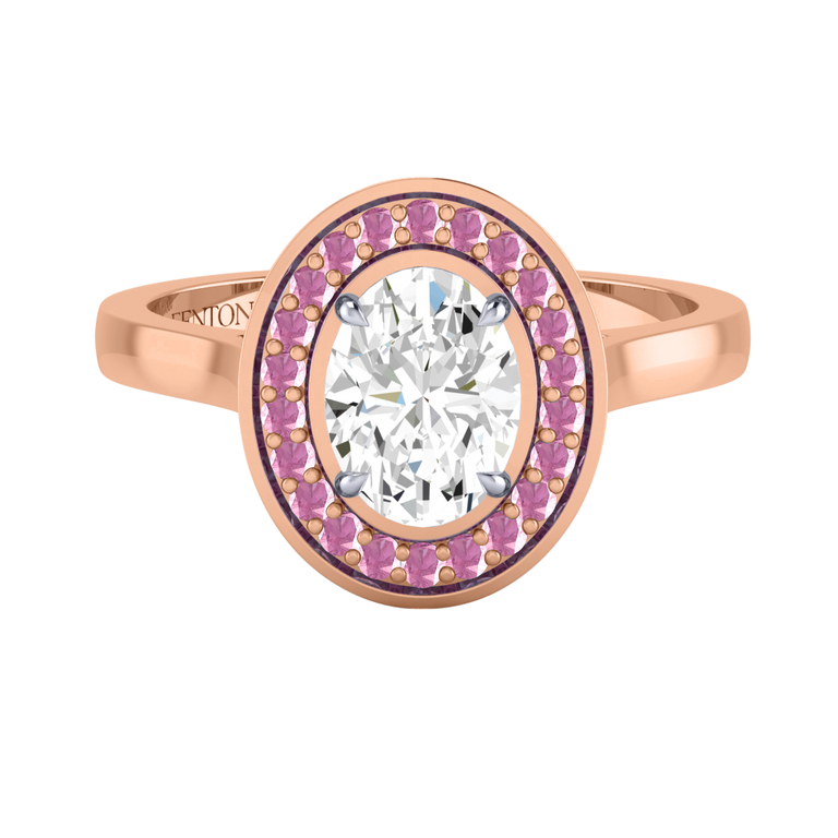 Naturally Mined Diamond Deco Oval Cut Diamond and Pink Sapphire 18k Rose Gold Ring