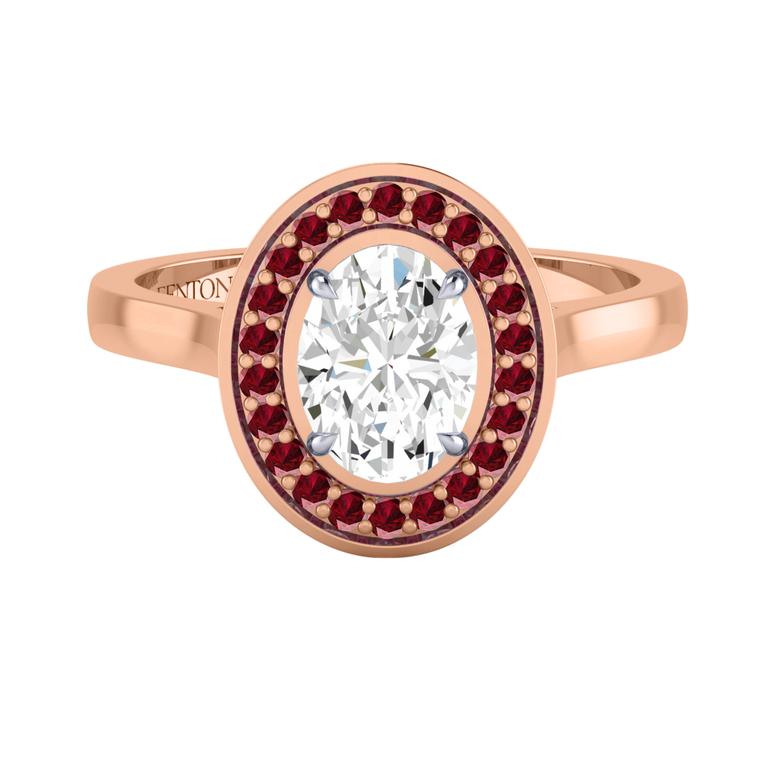 Solar Diamond Deco Oval Cut Diamond and Ruby 18k Rose Gold Ring