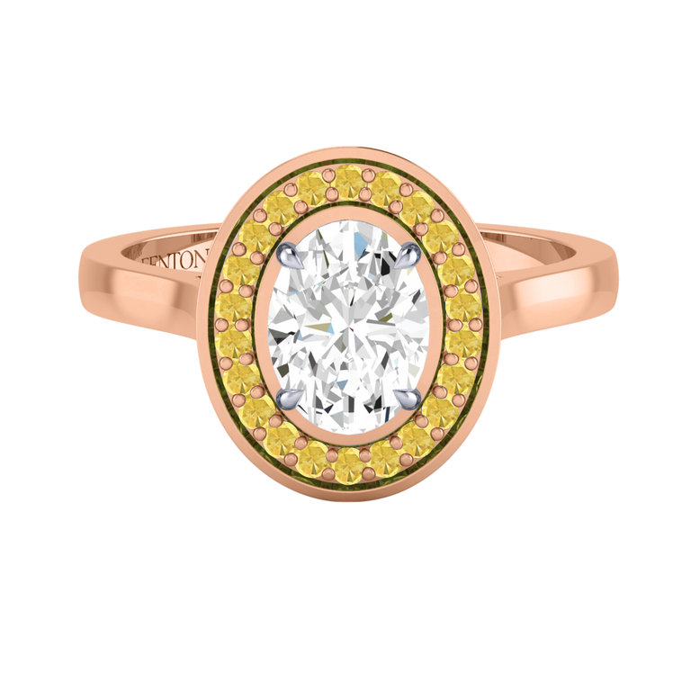 Naturally Mined Diamond Deco Oval Cut Diamond and Yellow Sapphire 18k Rose Gold Ring