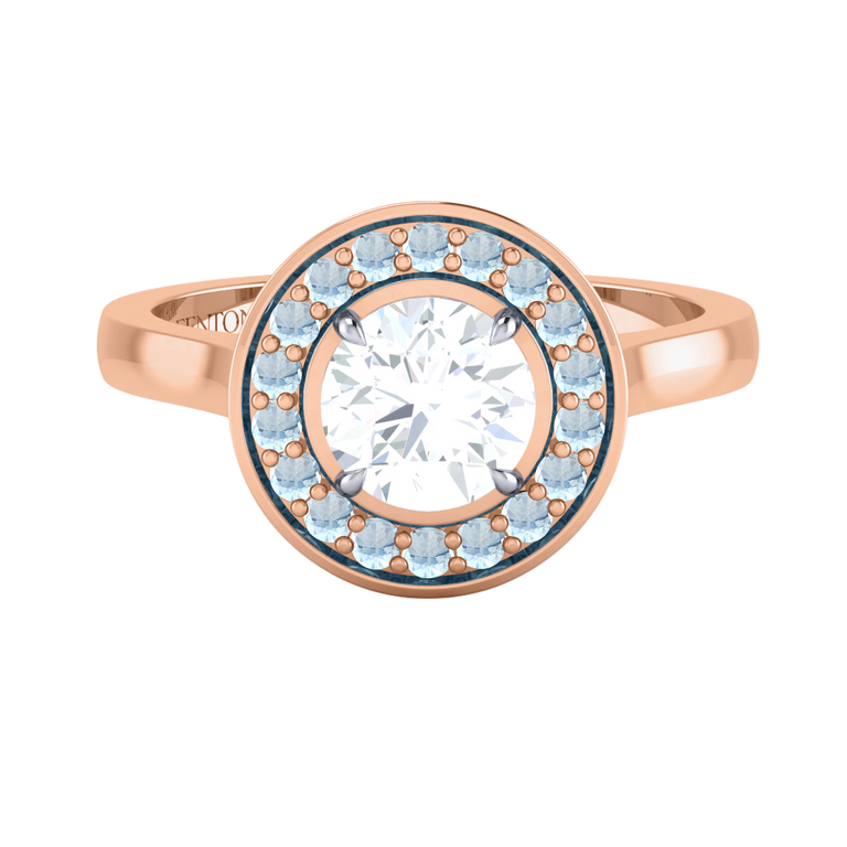 Naturally Mined Diamond Deco Round Cut Diamond and Aquamarine 18k Rose Gold Ring