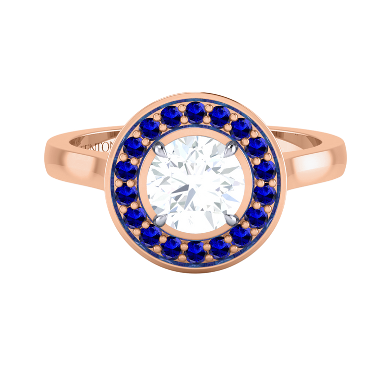 Naturally Mined Diamond Deco Round Cut Diamond and Blue Sapphire 18k Rose Gold Ring