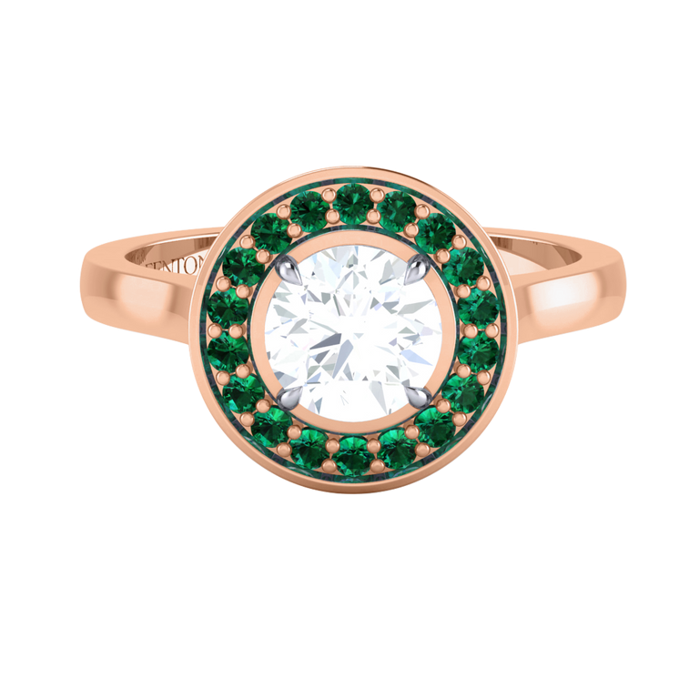 Naturally Mined Diamond Deco Round Cut Diamond and Emerald 18k Rose Gold Ring