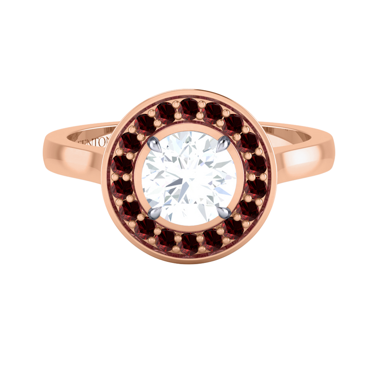 Solar Diamond Deco Round Cut Diamond and Garnet 18k Rose Gold Ring