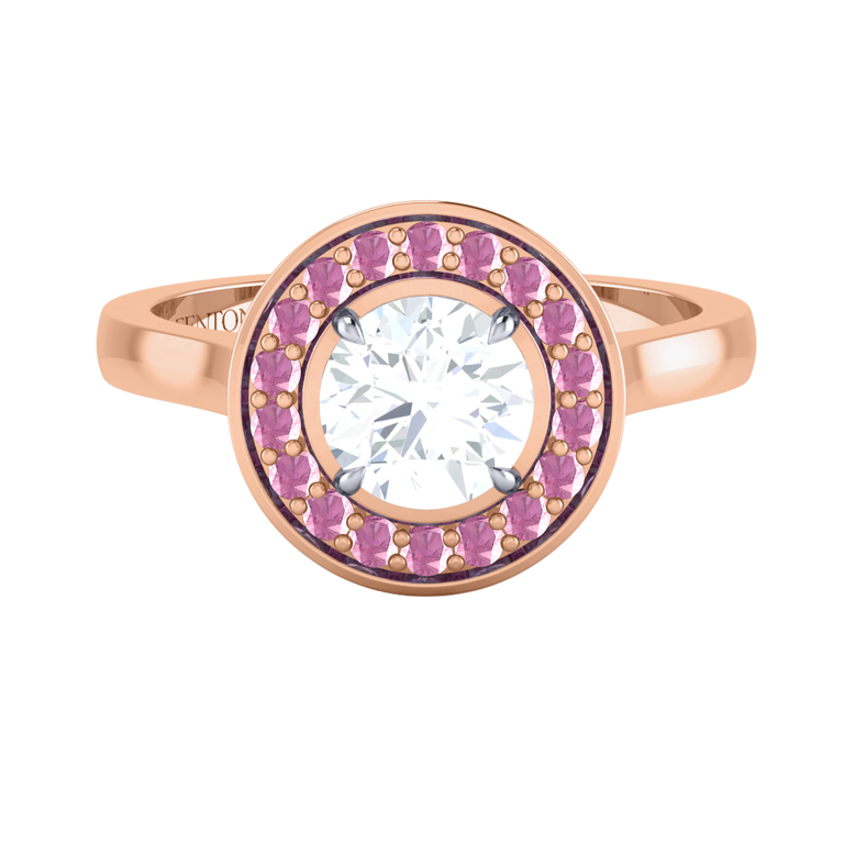 Naturally Mined Diamond Deco Round Cut Diamond and Pink Sapphire 18k Rose Gold Ring