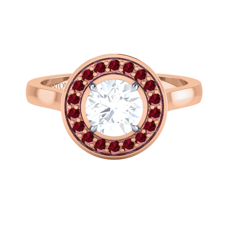 Naturally Mined Diamond Deco Round Cut Diamond and Ruby 18k Rose Gold Ring