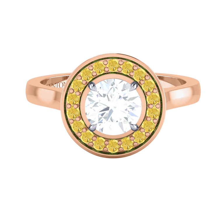 Naturally Mined Diamond Deco Round Cut Diamond and Yellow Sapphire 18k Rose Gold Ring