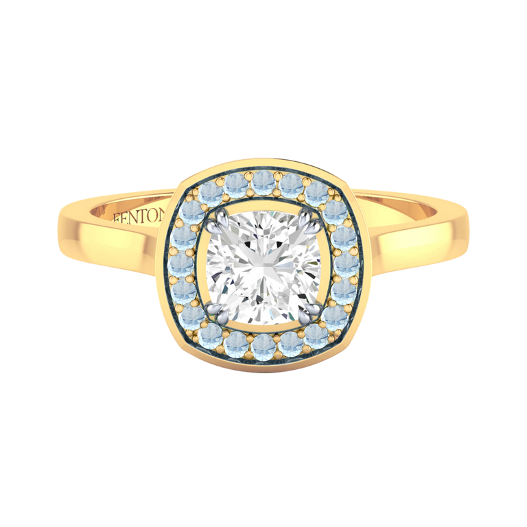 Naturally Mined Diamond Deco Cushion Cut Diamond and Aquamarine 18k Yellow Gold Ring