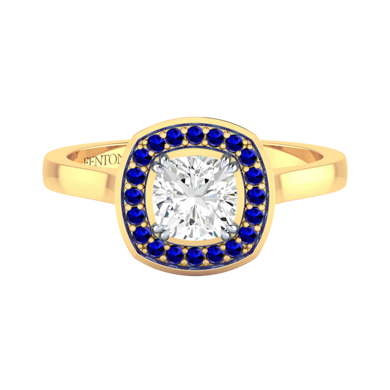 Naturally Mined Diamond Deco Cushion Cut Diamond and Blue Sapphire 18k Yellow Gold Ring