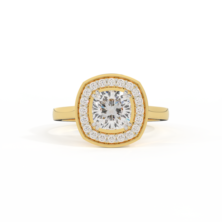 Naturally Mined Diamond Deco Cushion Cut Diamond 18k Yellow Gold Ring