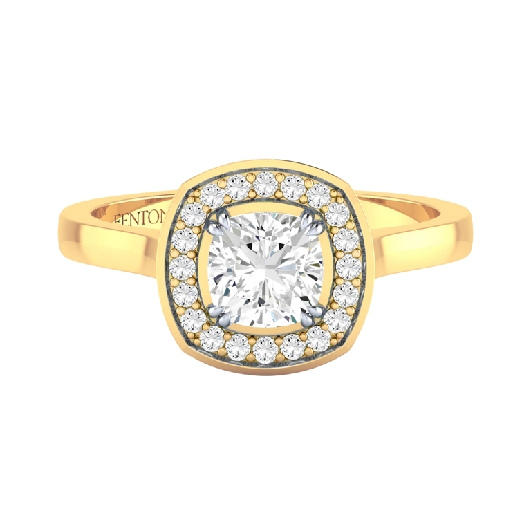 Solar Diamond Deco Cushion Cut Diamond 18k Yellow Gold Ring