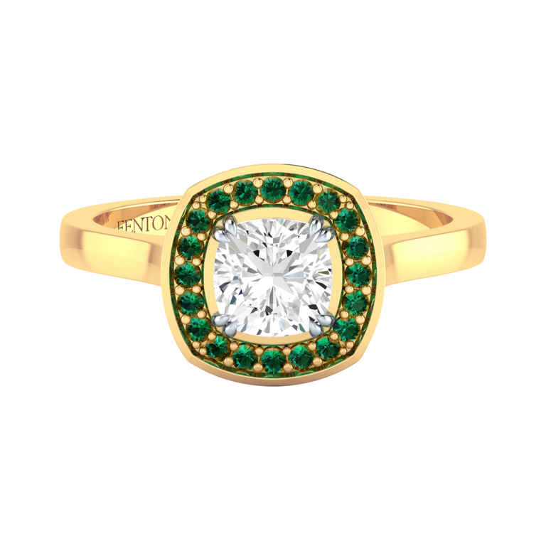 Solar Diamond Deco Cushion Cut Diamond and Emerald 18k Yellow Gold Ring