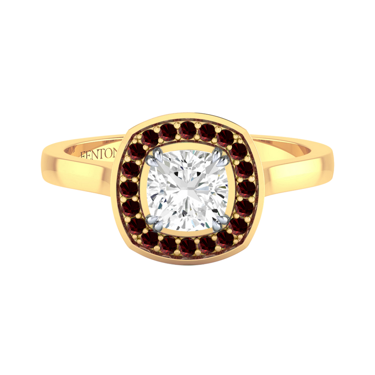 Solar Diamond Deco Cushion Cut Diamond and Garnet 18k Yellow Gold Ring