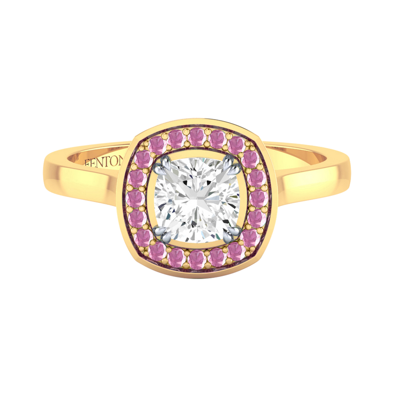 Naturally Mined Diamond Deco Cushion Cut Diamond and Pink Sapphire 18k Yellow Gold Ring