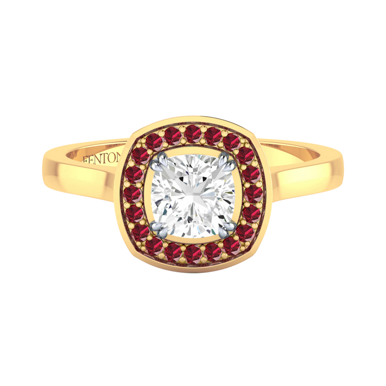 Solar Diamond Deco Cushion Cut Diamond and Ruby 18k Yellow Gold Ring