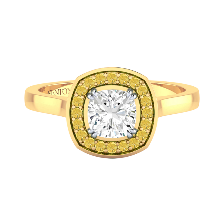 Solar Diamond Deco Cushion Cut Diamond and Yellow Sapphire 18k Yellow Gold Ring