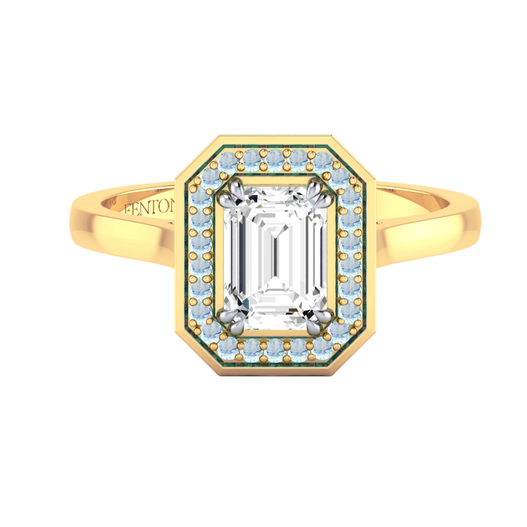 Naturally Mined Diamond Deco Emerald Cut Diamond and Aquamarine 18k Yellow Gold Ring