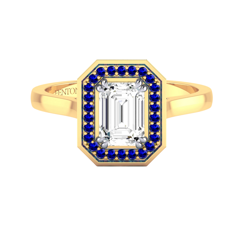 Naturally Mined Diamond Deco Emerald Cut Diamond and Blue Sapphire 18k Yellow Gold Ring