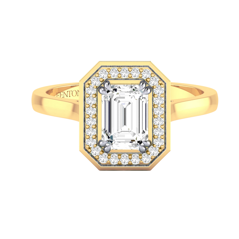 Solar Diamond Deco Emerald Cut Diamond 18k Yellow Gold Ring