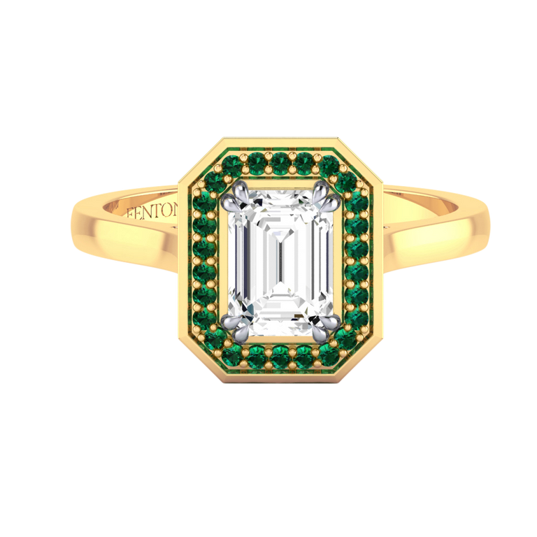 Naturally Mined Diamond Deco Emerald Cut Diamond and Emerald 18k Yellow Gold Ring