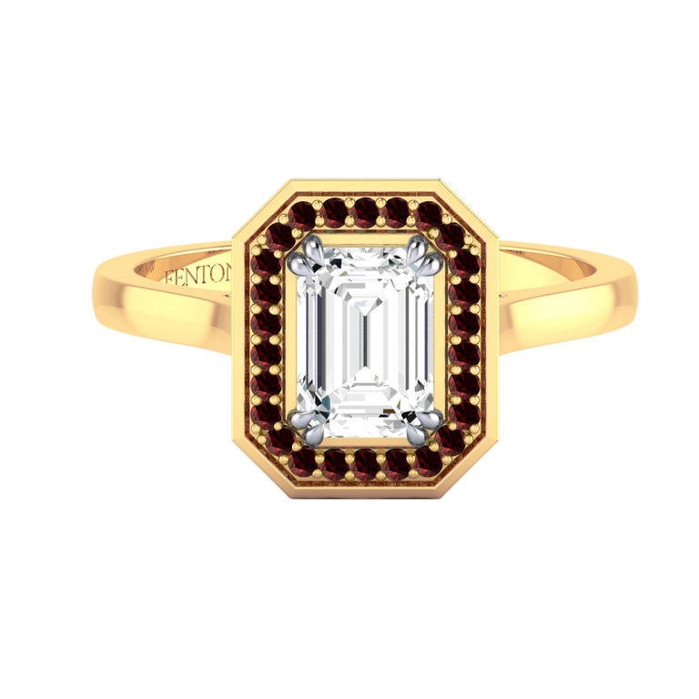 Naturally Mined Diamond Deco Emerald Cut Diamond and Garnet 18k Yellow Gold Ring