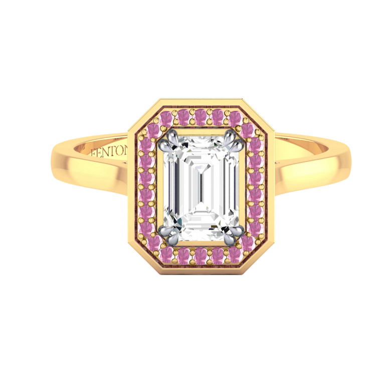 Naturally Mined Diamond Deco Emerald Cut Diamond and Pink Sapphire 18k Yellow Gold Ring