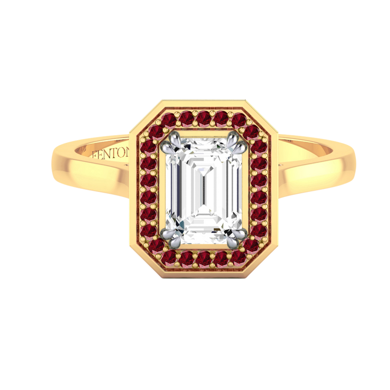 Naturally Mined Diamond Deco Emerald Cut Diamond and Ruby 18k Yellow Gold Ring