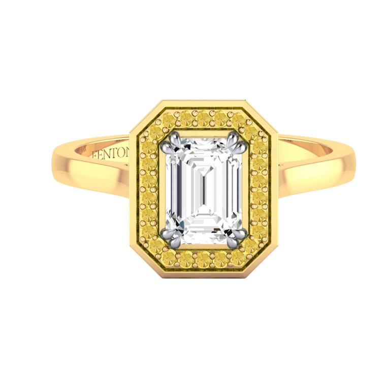 Naturally Mined Diamond Deco Emerald Cut Diamond and Yellow Sapphire 18k Yellow Gold Ring