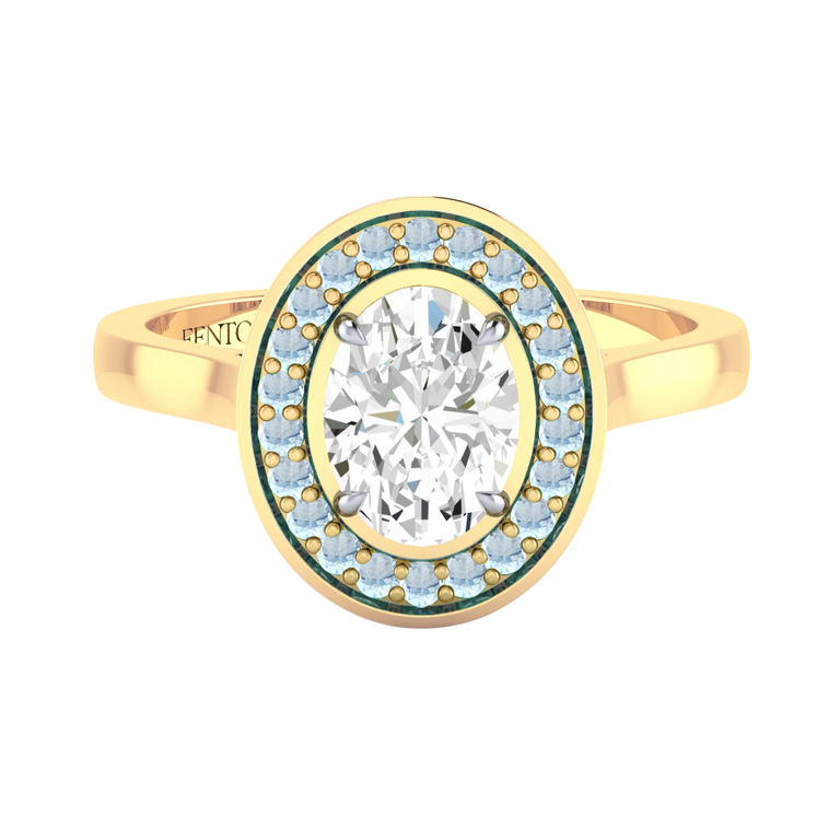 Naturally Mined Diamond Deco Oval Cut Diamond and Aquamarine 18k Yellow Gold Ring