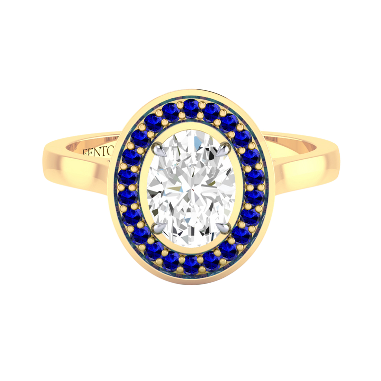 Naturally Mined Diamond Deco Oval Cut Diamond and Blue Sapphire 18k Yellow Gold Ring