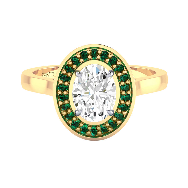 Solar Diamond Deco Oval Cut Diamond and Emerald 18k Yellow Gold Ring