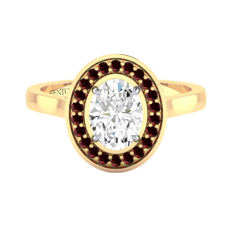 Naturally Mined Diamond Deco Oval Cut Diamond and Garnet 18k Yellow Gold Ring