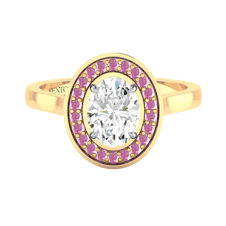 Naturally Mined Diamond Deco Oval Cut Diamond and Pink Sapphire 18k Yellow Gold Ring