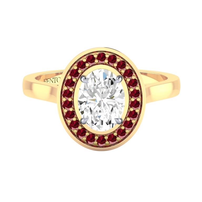 Solar Diamond Deco Oval Cut Diamond and Ruby 18k Yellow Gold Ring