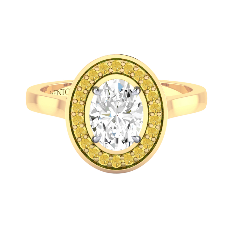 Solar Diamond Deco Oval Cut Diamond and Yellow Sapphire 18k Yellow Gold Ring