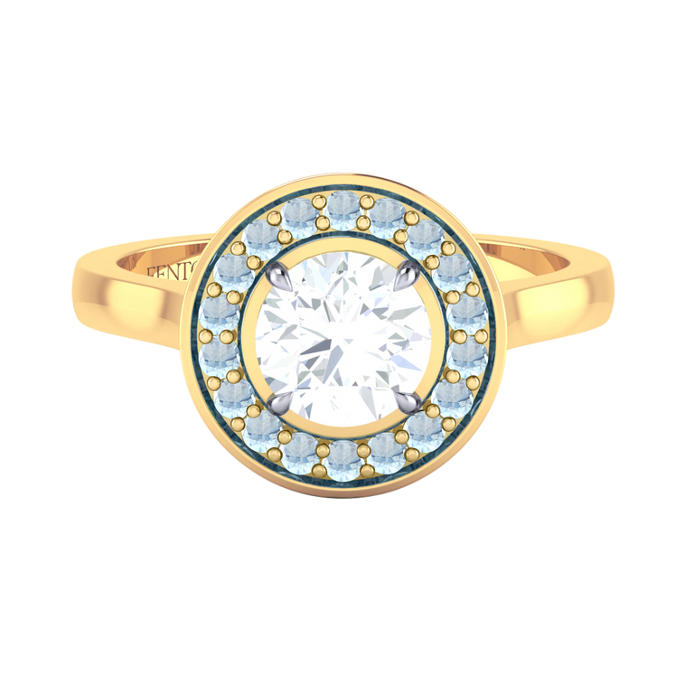 Naturally Mined Diamond Deco Round Cut Diamond and Aquamarine 18k Yellow Gold Ring