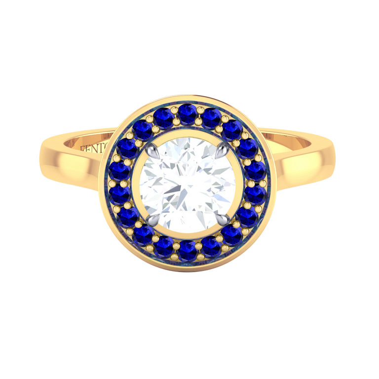 Naturally Mined Diamond Deco Round Cut Diamond and Blue Sapphire 18k Yellow Gold Ring