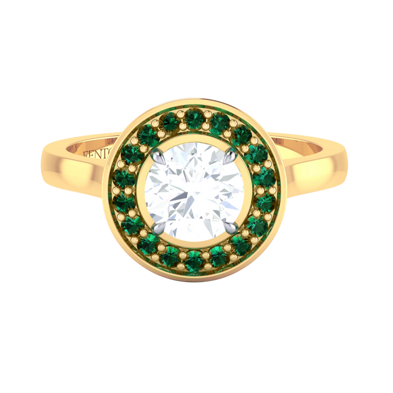 Solar Diamond Deco Round Cut Diamond and Emerald 18k Yellow Gold Ring