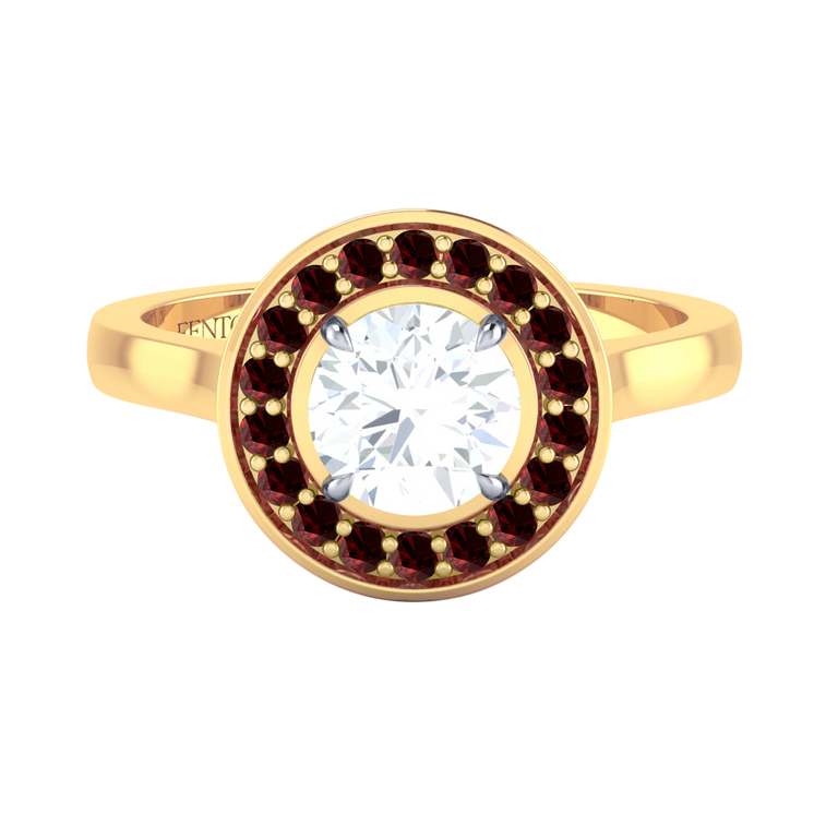 Naturally Mined Diamond Deco Round Cut Diamond and Garnet 18k Yellow Gold Ring