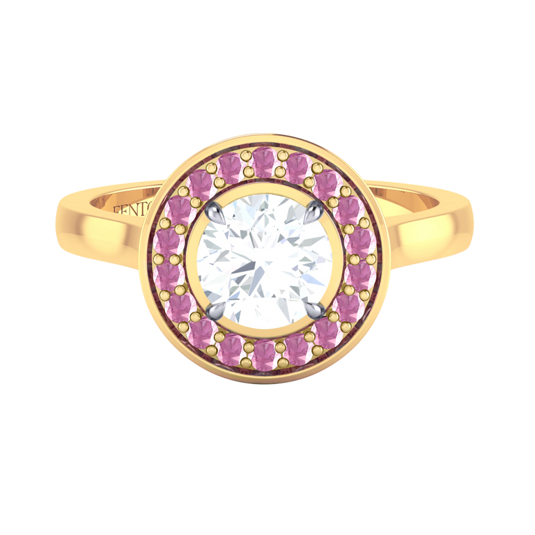 Naturally Mined Diamond Deco Round Cut Diamond and Pink Sapphire 18k Yellow Gold Ring