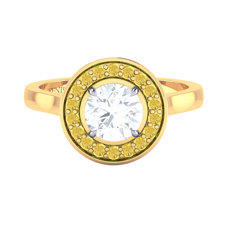 Naturally Mined Diamond Deco Round Cut Diamond and Yellow Sapphire 18k Yellow Gold Ring