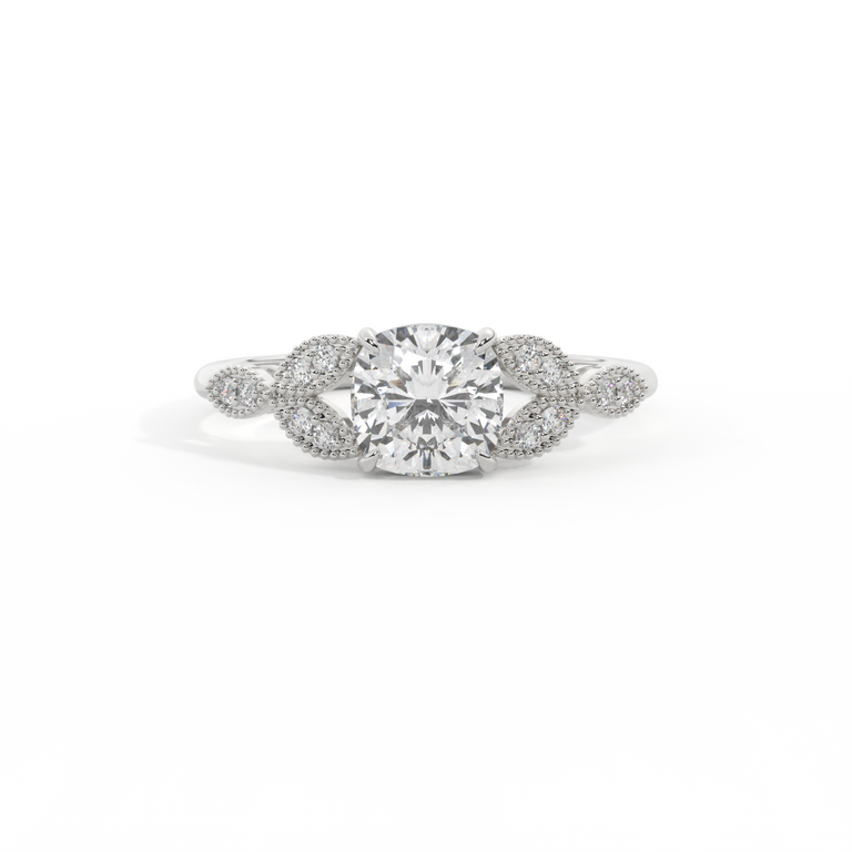 Naturally Mined Diamond Floral Cushion Cut Diamond Platinum Ring