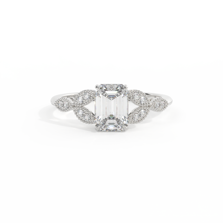 Lab Grown Solar Diamond Floral Emerald Cut Diamond Platinum Ring