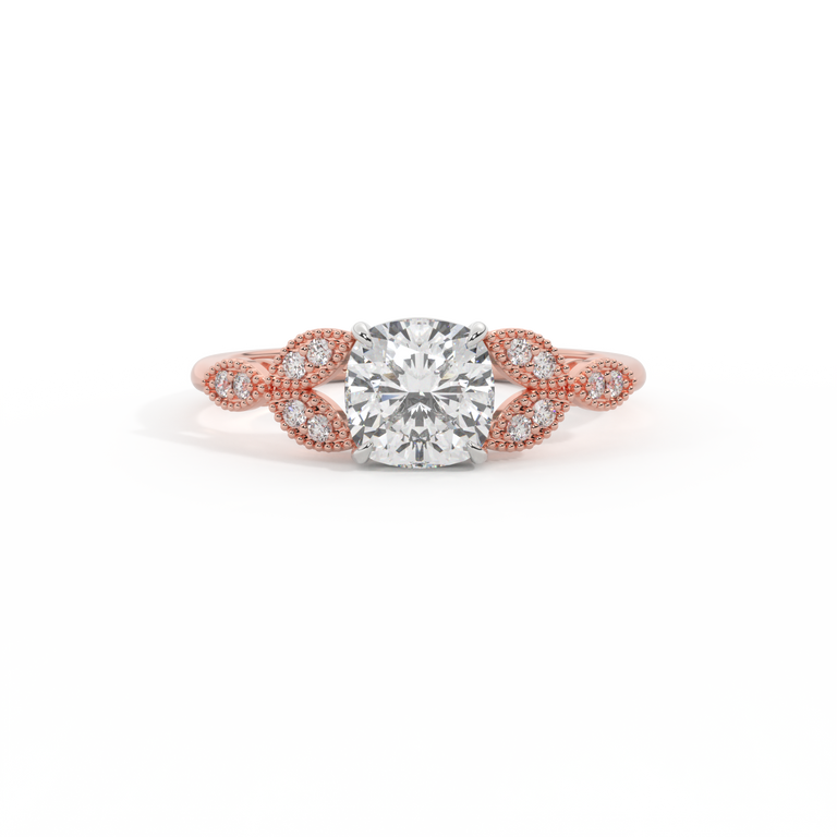 Naturally Mined Diamond Floral Cushion Cut Diamond 18k Rose Gold Ring