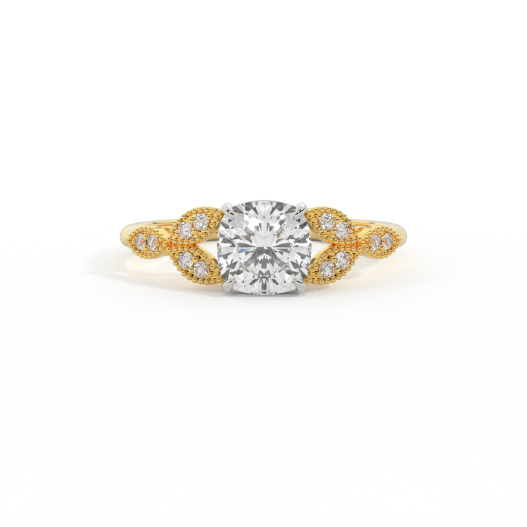 Lab Grown Solar Diamond Floral Cushion Cut Diamond 18k Yellow Gold Ring