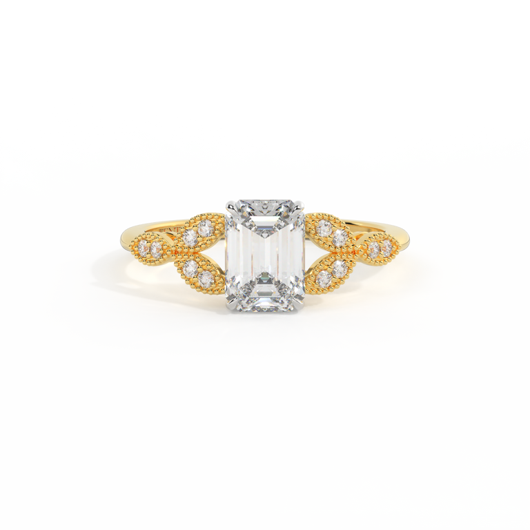 Naturally Mined Diamond Floral Emerald Cut Diamond 18k Yellow Gold Ring