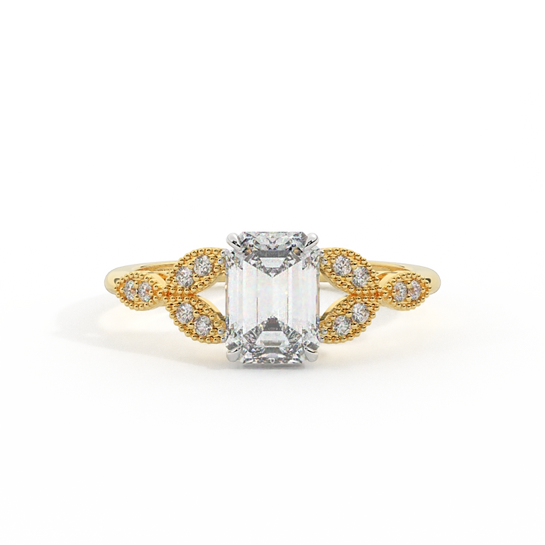 Lab Grown Diamond Floral Emerald Cut Diamond 18k Yellow Gold Ring